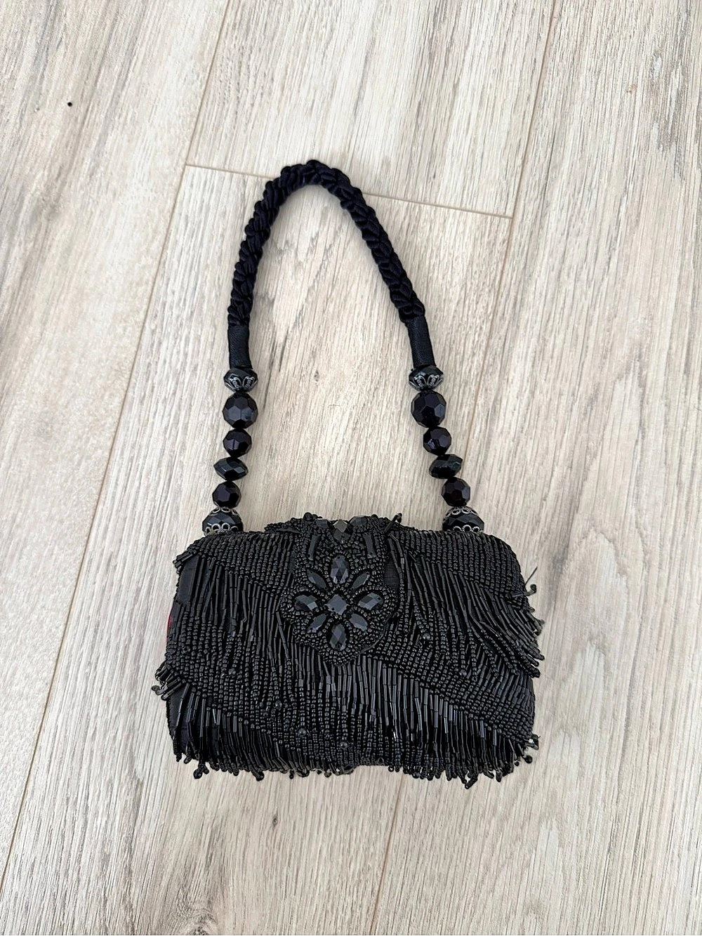 Mary Frances Beaded Fringe Shoulder Bag in Black